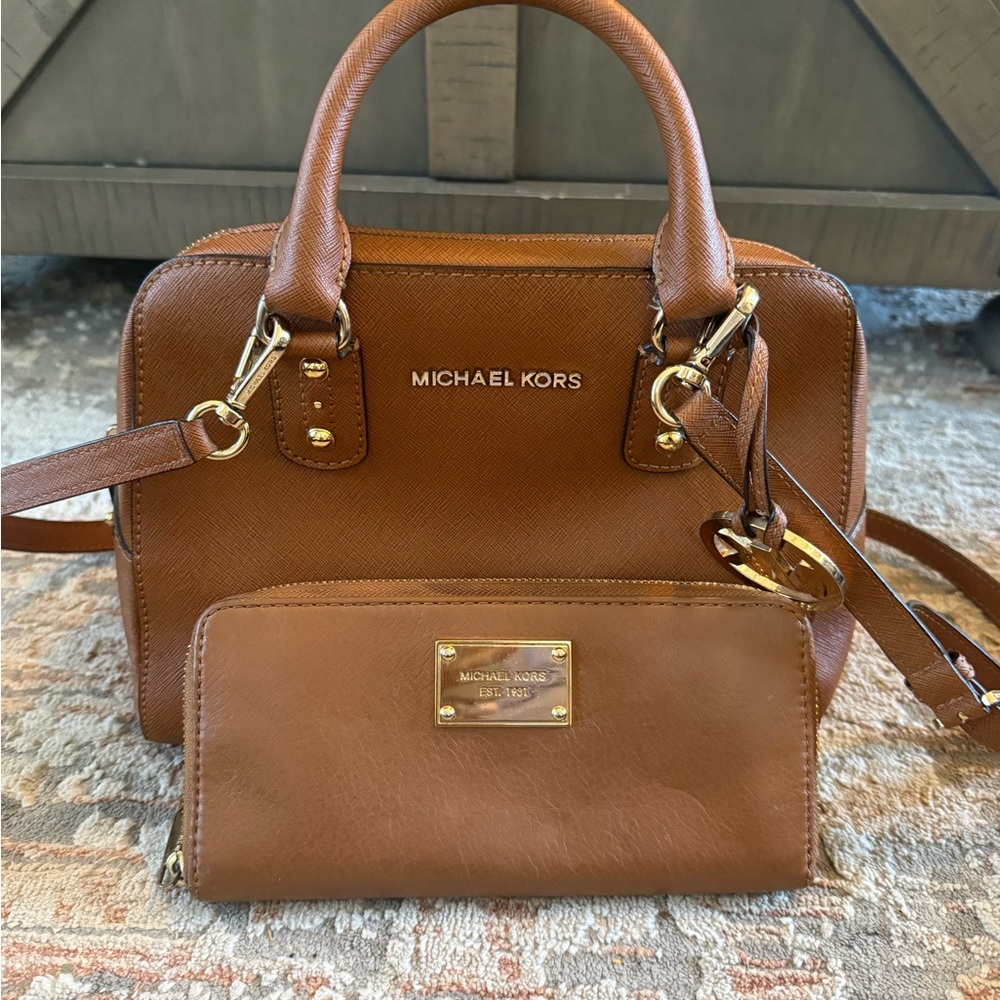 Michael Kors Brown Leather Satchel Purse and Wallet